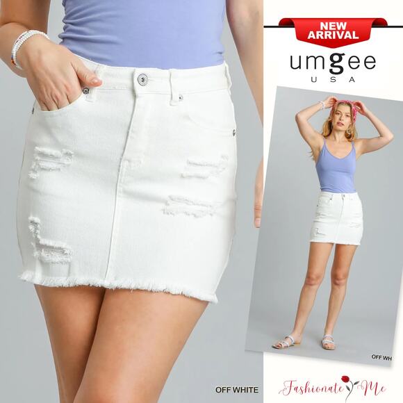 Umgee Distressed Detail Raw Hem High Waist Pocketed Denim Mini Skirt | Off White - Picture 1 of 5